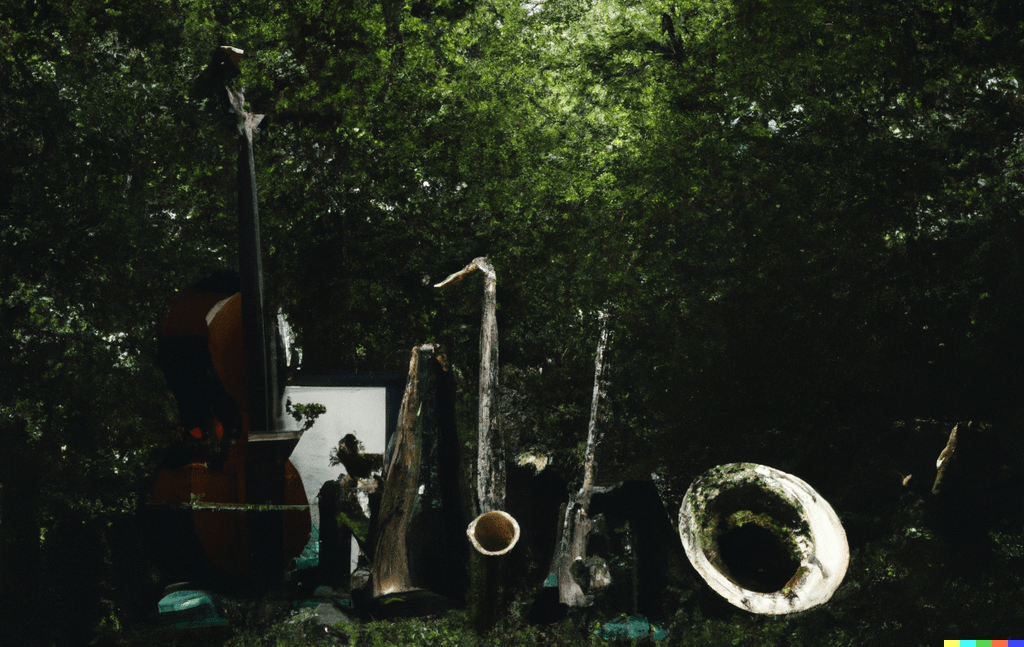image of musical instruments in a dark forest