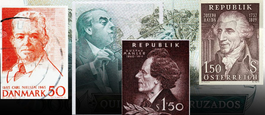 Postage stamp collage of Nielsen, Villa Lobos, Mahler, Haydn